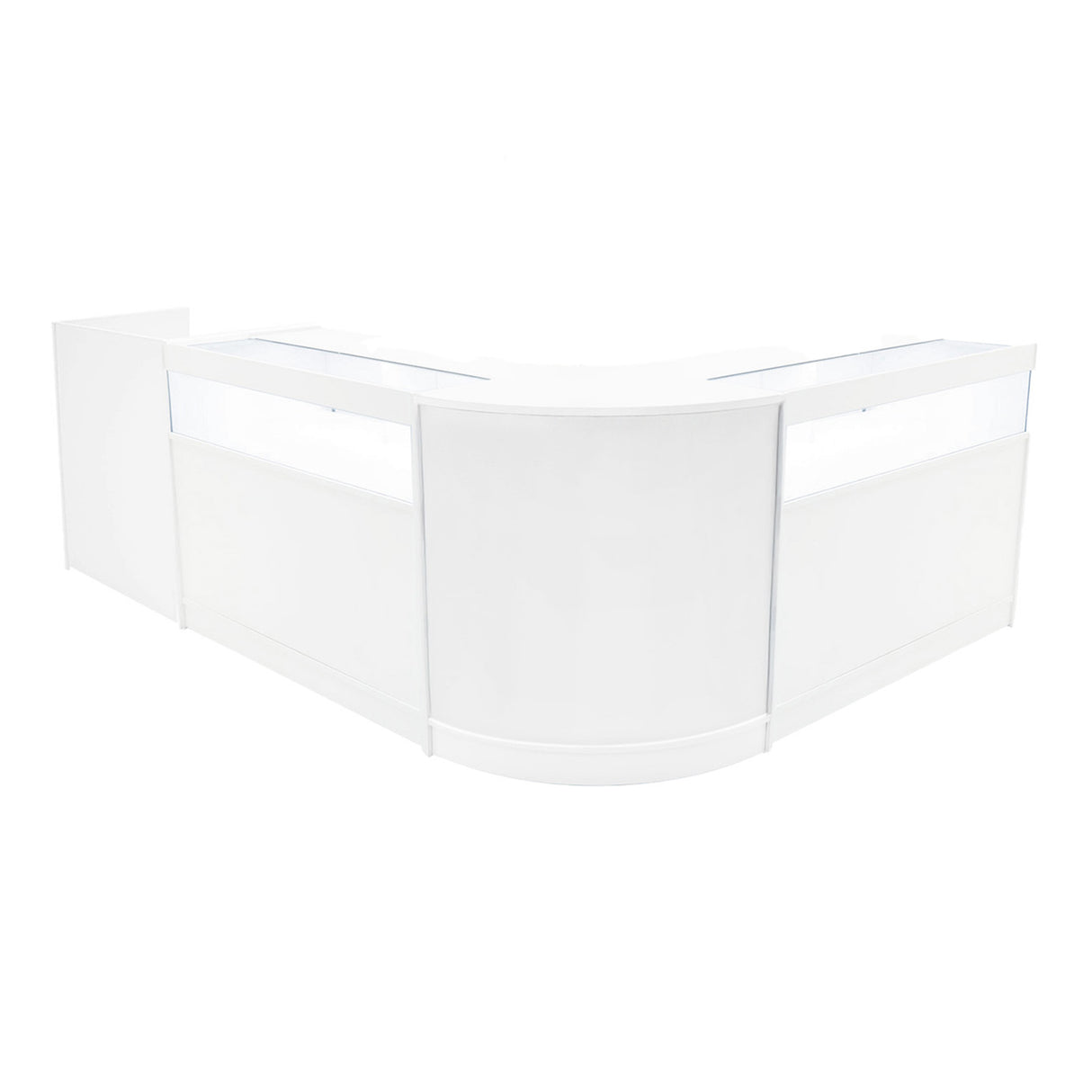 Comptoir de vente à LED blanc en forme de L, surface lisse et brillante, avec éclairage intégré pour une présentation élégante