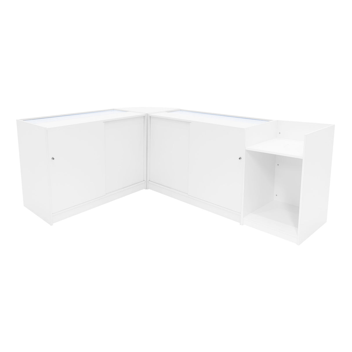 Comptoirs de vente à LED en blanc, finition lisse, design moderne, avec espaces de rangement et vitrines intégrées, idéal pour les boutiques