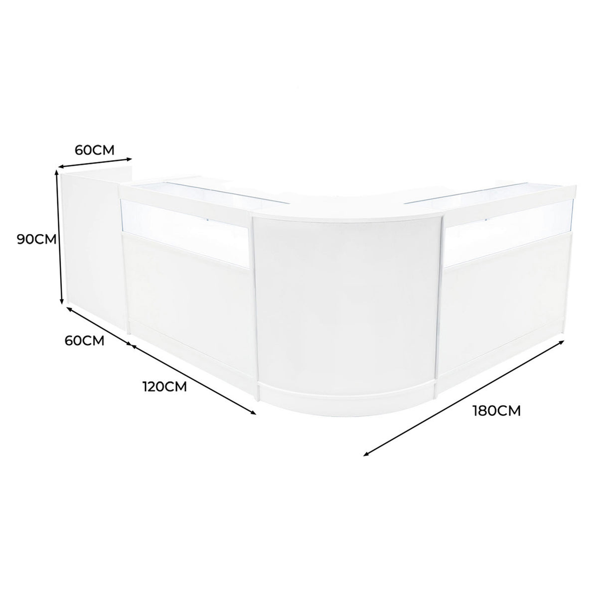 Comptoir de vente à LED en blanc, courbé, avec surfaces lisses, dimensions 180 cm x 90 cm x 60 cm, idéal pour les espaces commerciaux