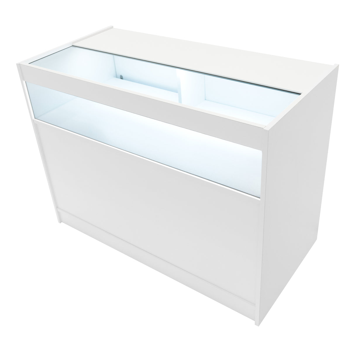 Comptoir de vente à LED blanc, design moderne avec surface lisse, éclairage intégré et vitrine en verre pour une présentation élégante