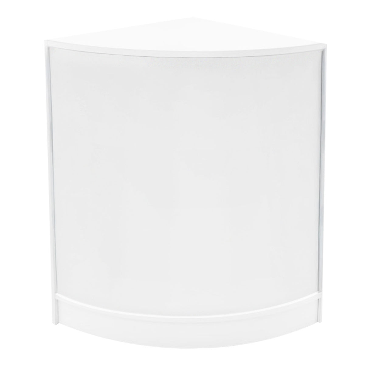 Comptoir de vente à LED blanc, design moderne, forme angulaire, surface lisse et brillante, idéal pour les présentations et événements