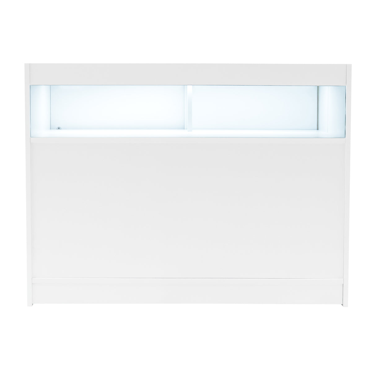 Comptoir de vente à LED blanc, design épuré, surface lisse, éclairage intégré en haut, idéal pour les présentations commerciales