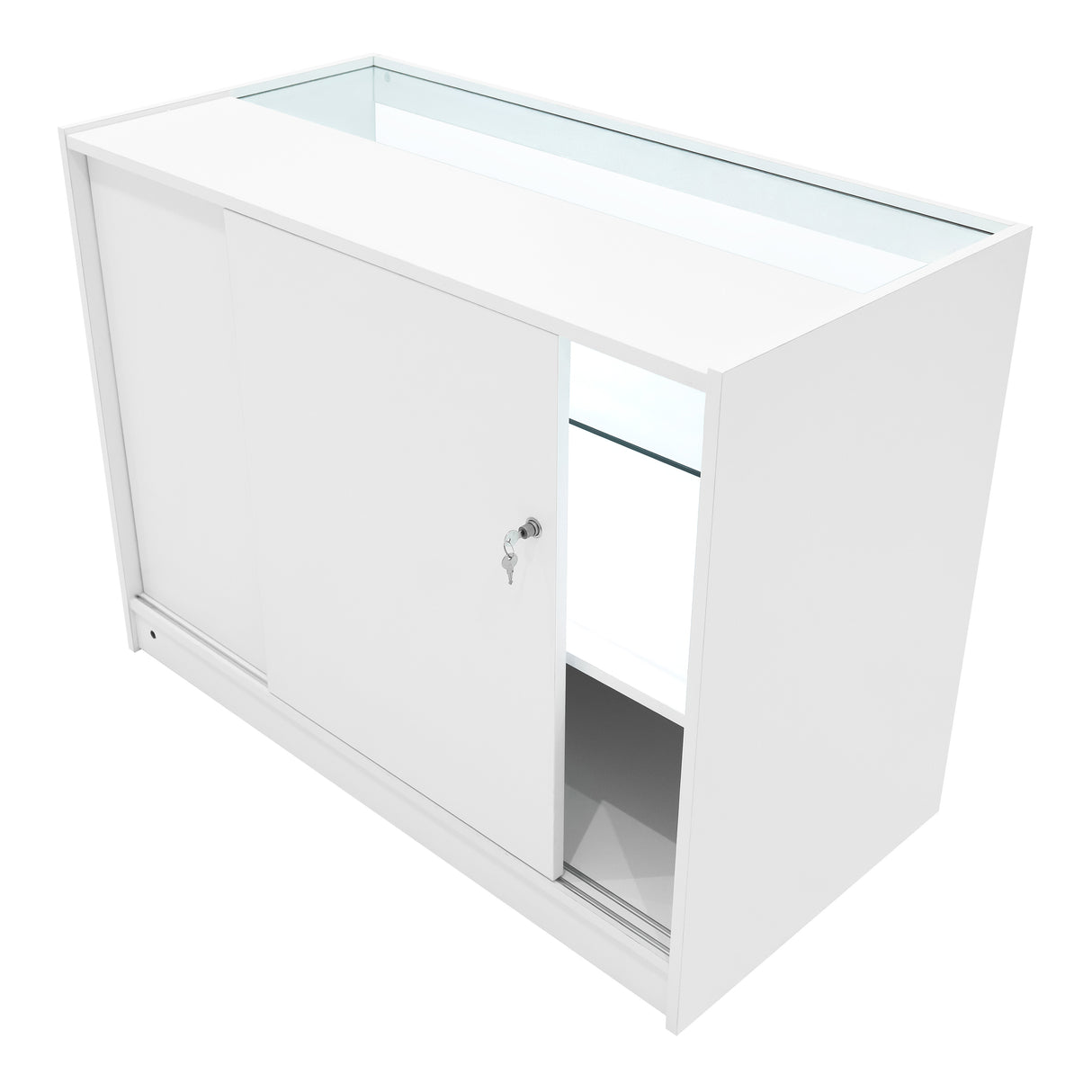 Comptoir de vente à LED blanc, avec portes coulissantes, surface en verre, éclairage intégré, design moderne et épuré