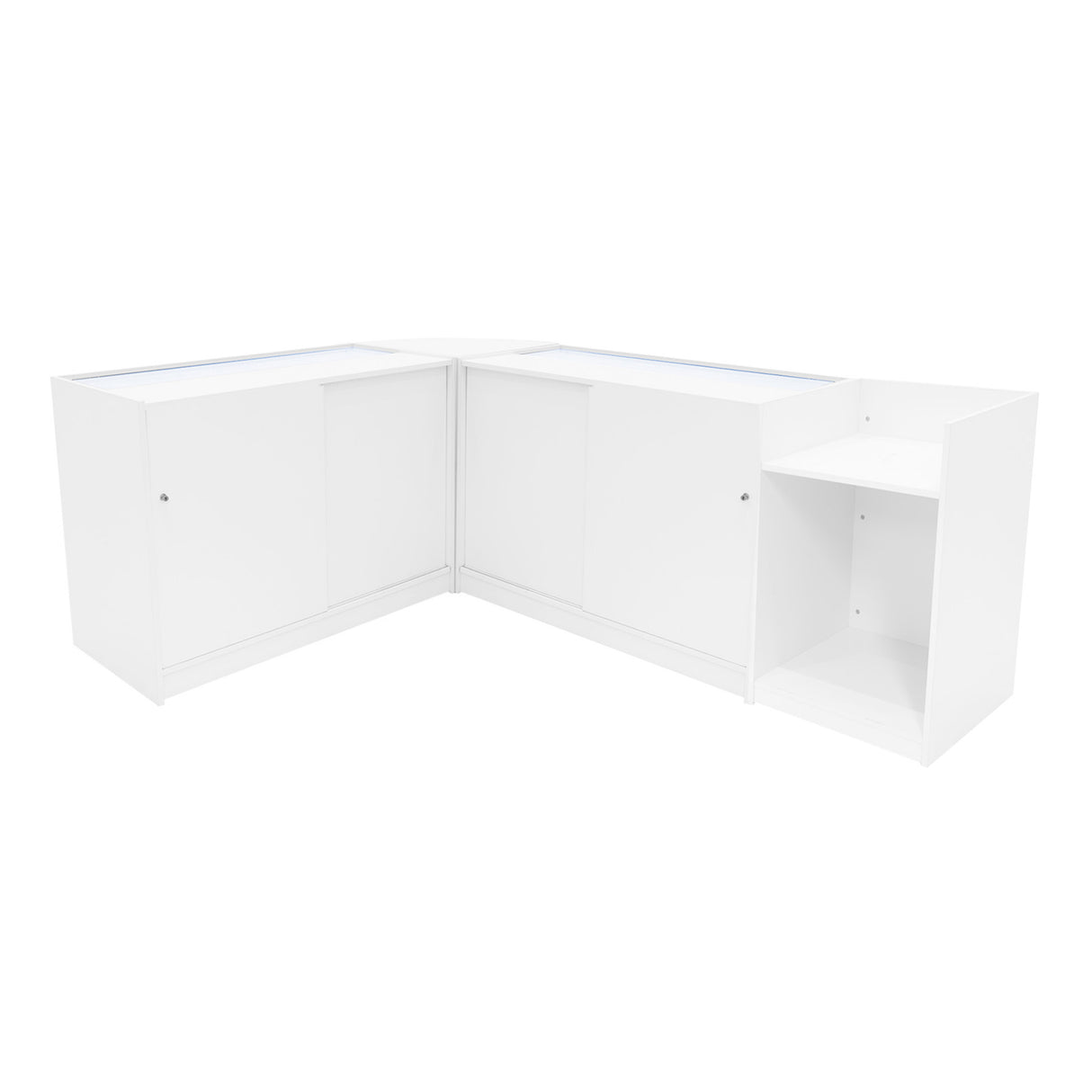 Comptoirs de vente à LED en blanc, avec surfaces lisses, angles arrondis et espace de rangement intégré pour une présentation élégante
