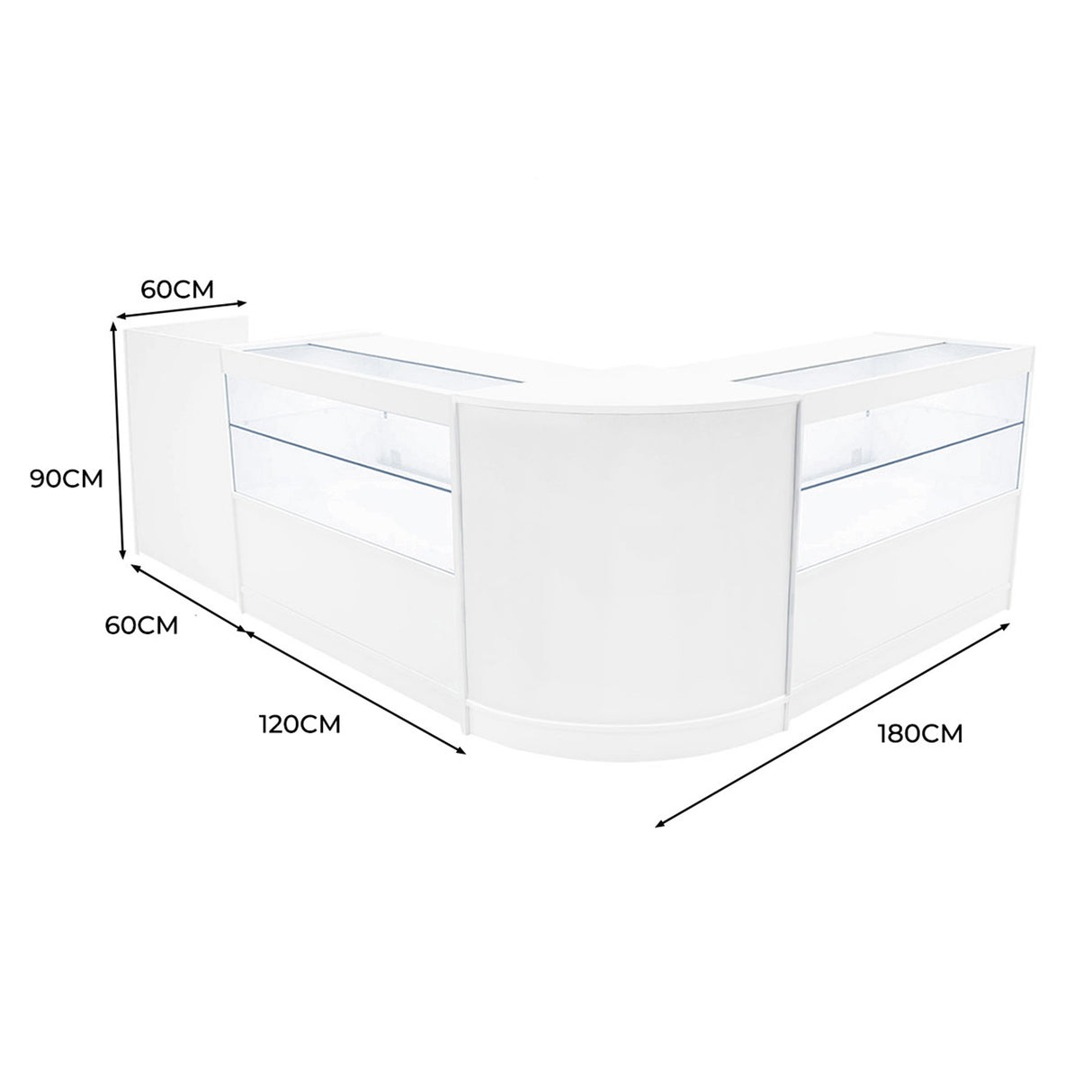 Comptoir de vente à LED blanc en forme de L, avec vitrines en verre, dimensions 180 cm x 120 cm x 90 cm, design moderne et épuré