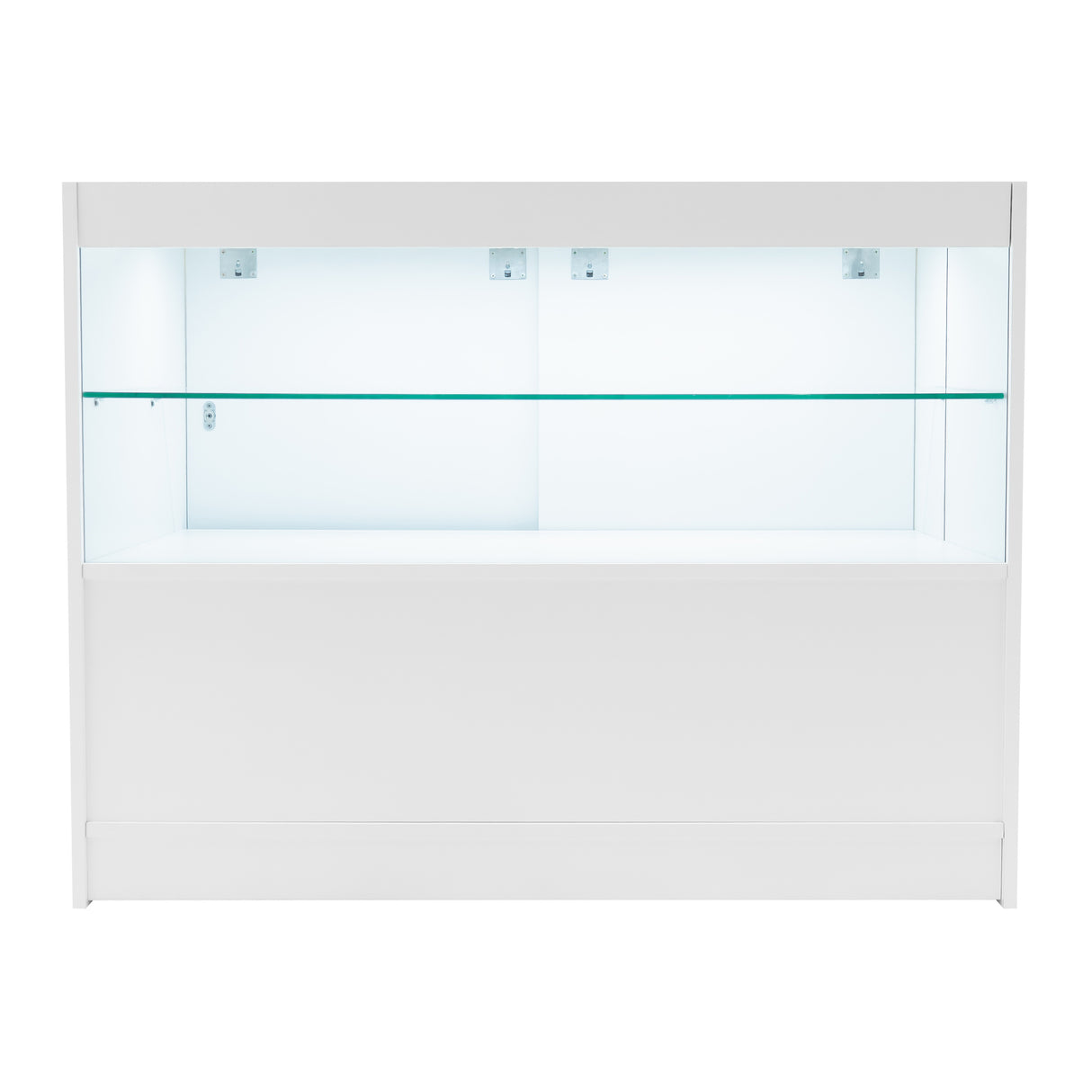 Comptoir de vente à LED blanc avec étagère en verre, design moderne et épuré, idéal pour exposer des produits en magasin