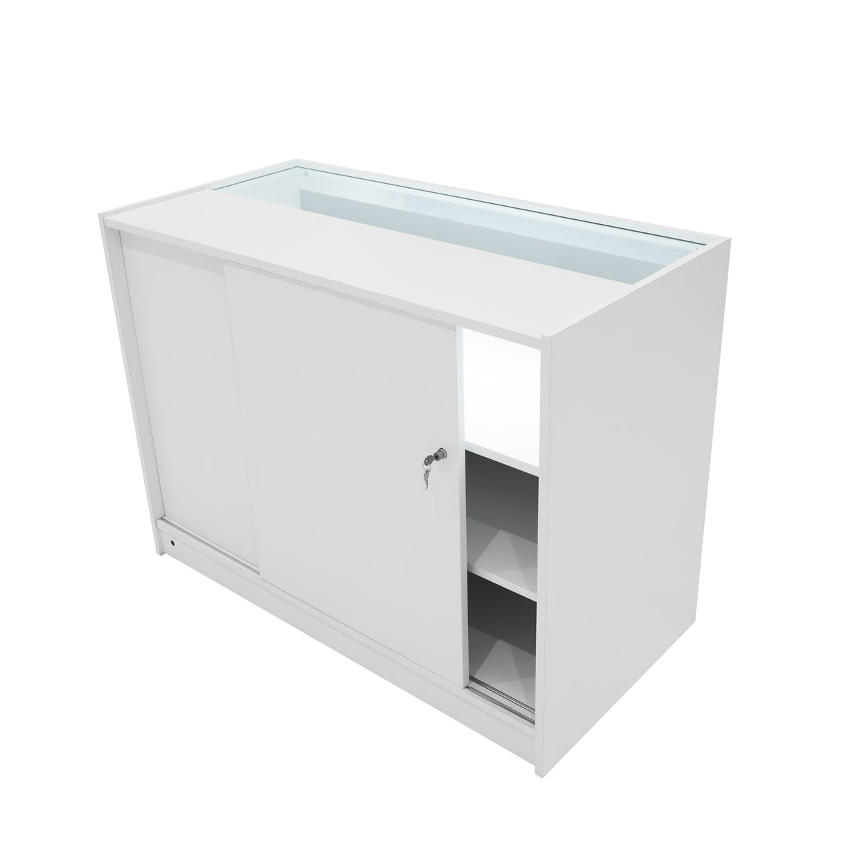 Comptoir de vente à LED blanc avec portes coulissantes, éclairage intégré, étagères intérieures et finition lisse et moderne