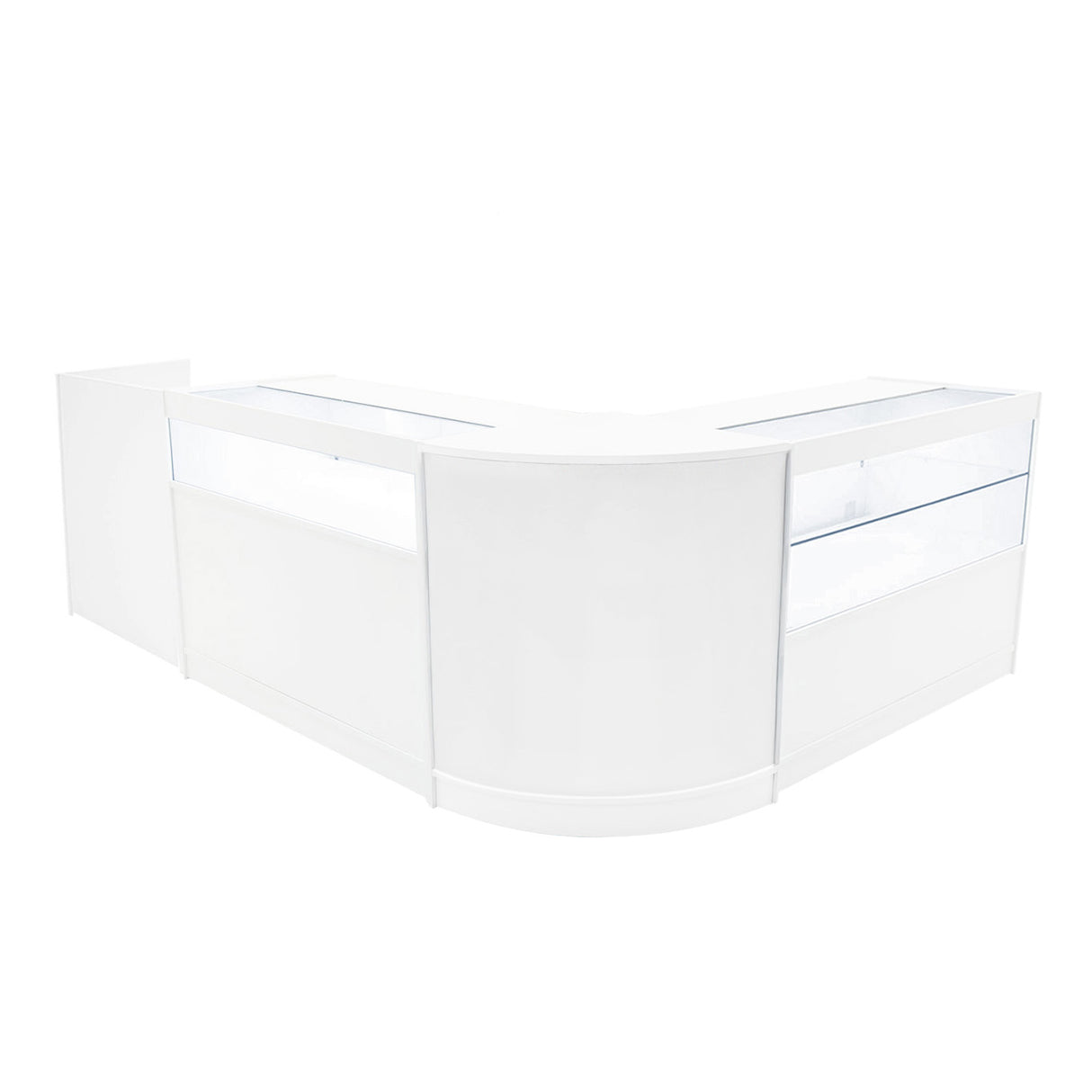 Comptoir de vente à LED blanc en forme de L, avec surfaces lisses, vitrines en verre et éclairage intégré pour une présentation élégante