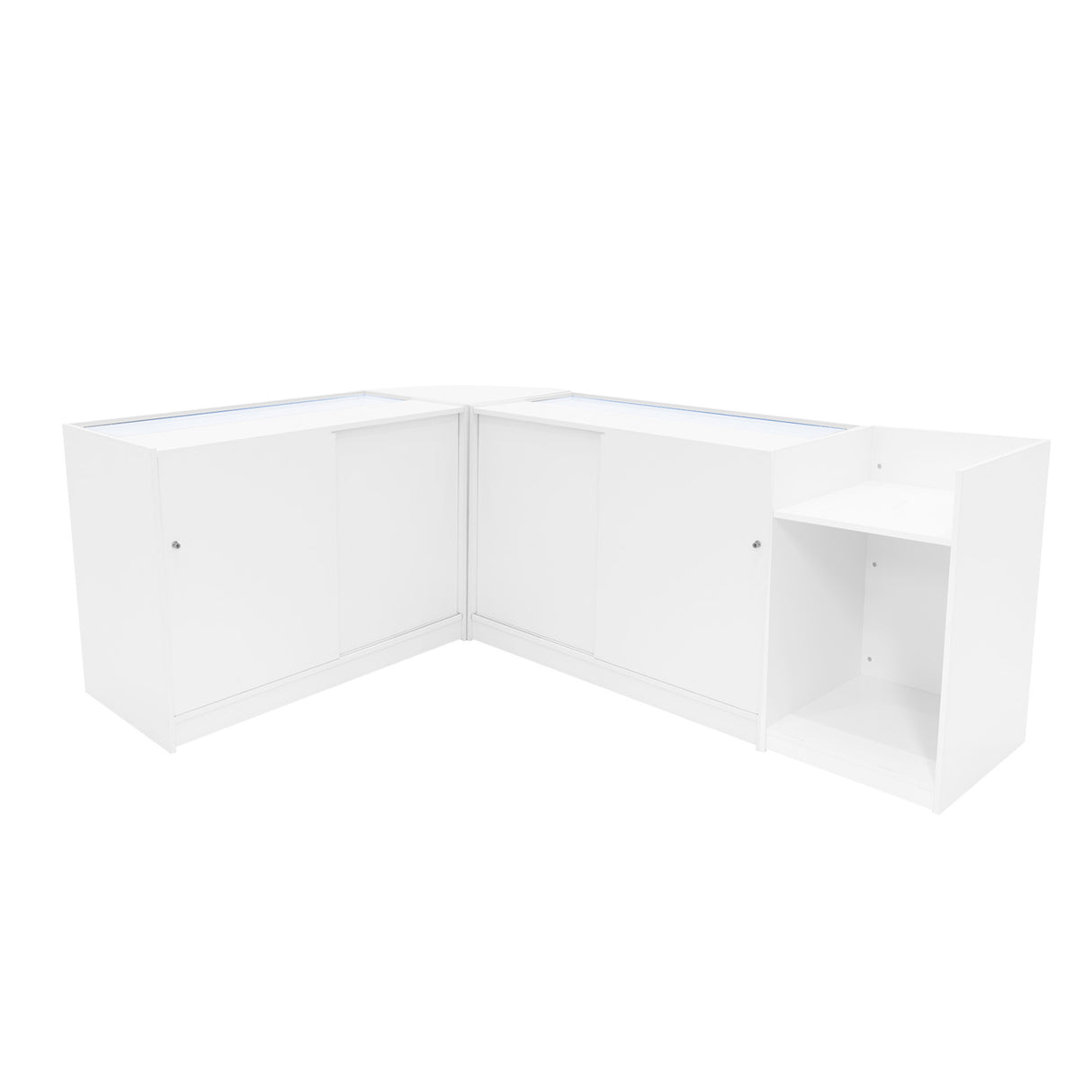 Comptoirs de vente à LED en blanc, finition lisse, design moderne, avec espaces de rangement et éclairage intégré pour une présentation optimale