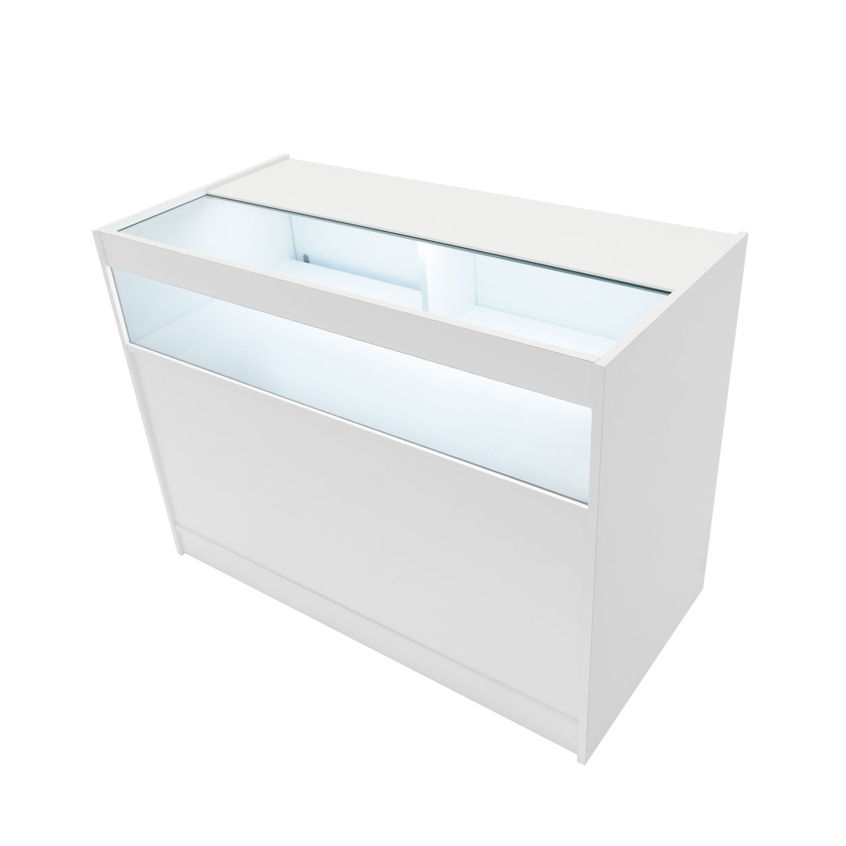 Comptoir de vente à LED blanc, design moderne avec surface lisse, éclairage intégré et espace de rangement pratique pour produits