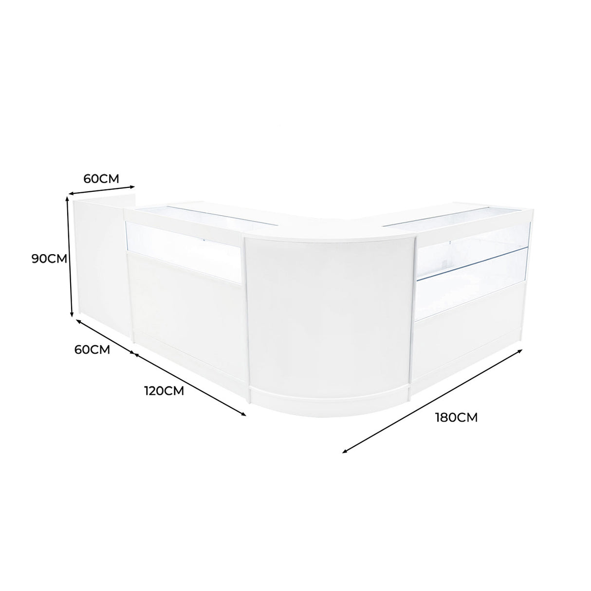 Comptoir de vente à LED blanc, design moderne, dimensions 180x120x90 cm, surface lisse et vitrée, idéal pour exposer des produits