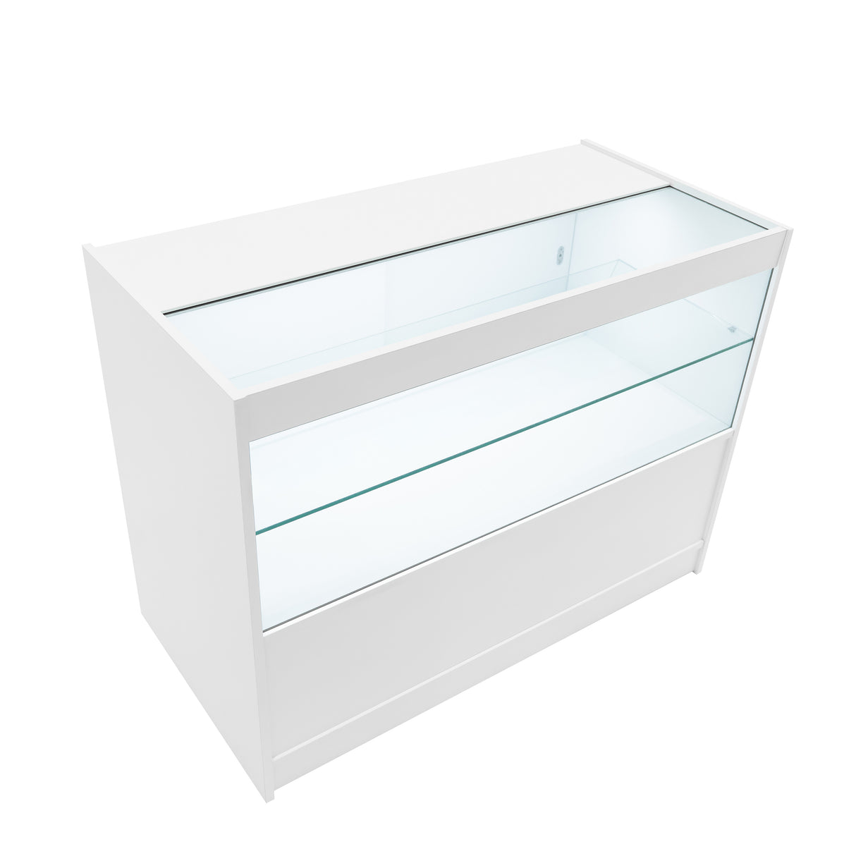 Comptoir de vente à LED blanc avec surface en verre, étagères transparentes et design moderne, idéal pour exposer des produits