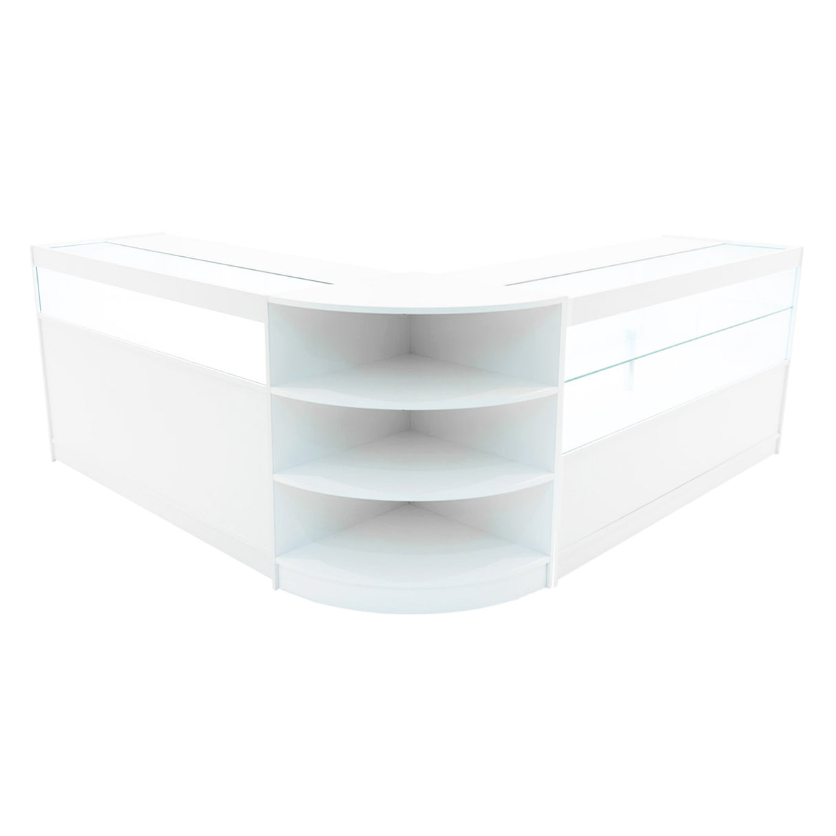 Comptoir de vente à LED Harmonia en blanc, design moderne avec étagères courbées et vitrines en verre pour une présentation élégante
