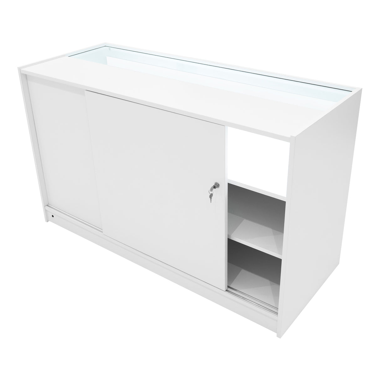 Comptoir de vente à LED Harmonia en blanc, avec surface lisse, portes coulissantes et éclairage intégré pour une présentation élégante