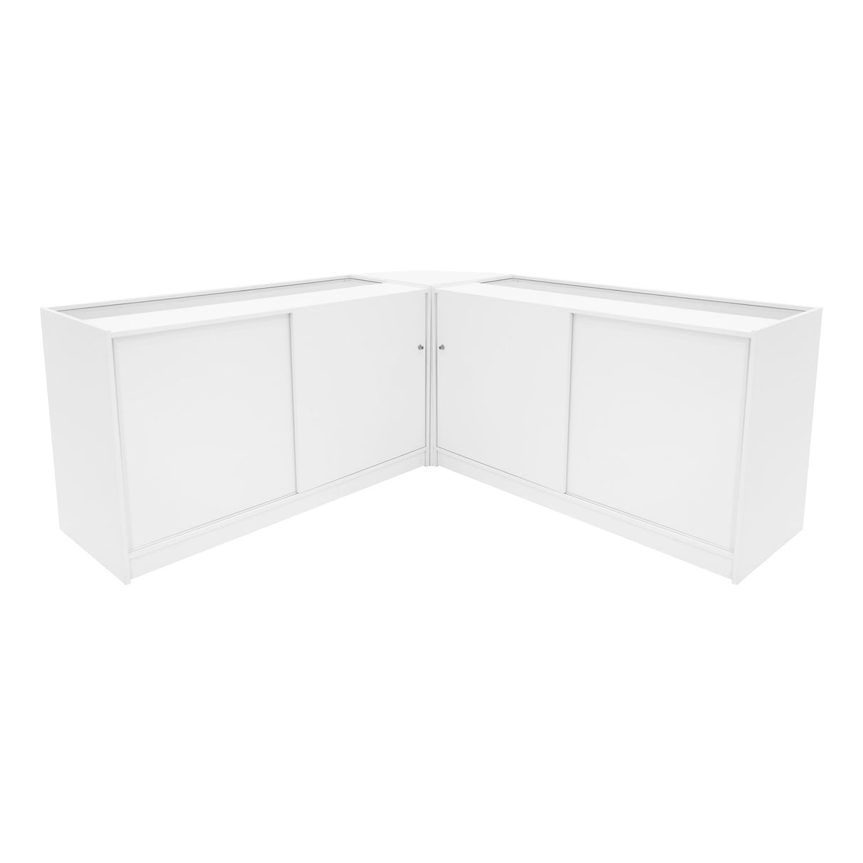 Comptoirs de vente à LED Harmonia en blanc, finition lisse, forme en L, avec portes coulissantes et éclairage intégré