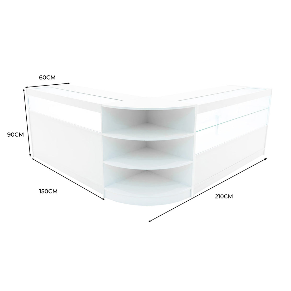 Comptoir de vente à LED blanc en forme de L, avec étagères ouvertes, finition lisse et moderne, dimensions 60x150x210 cm