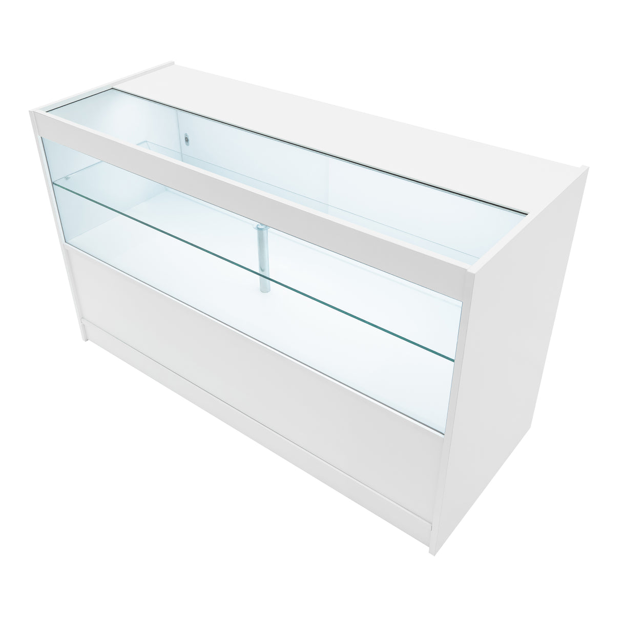 Comptoir de vente à LED Harmonia en blanc, avec surfaces en verre transparent et finition lisse, idéal pour exposer des produits