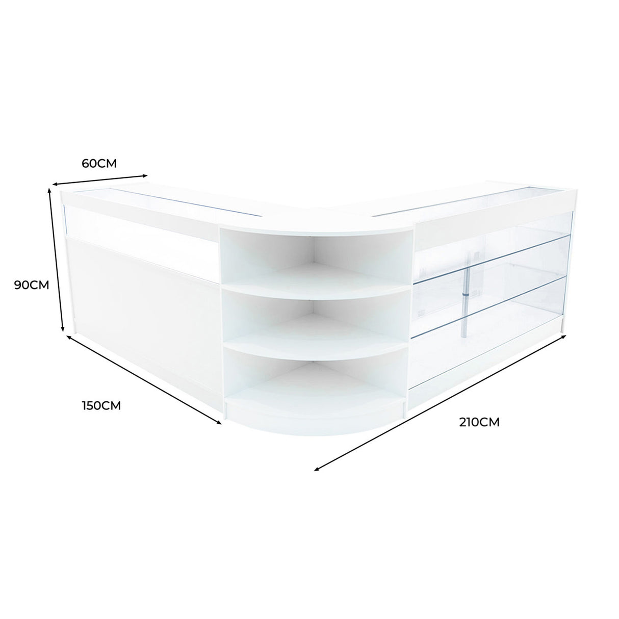 Comptoir de vente à LED blanc avec étagères arrondies, surface lisse, dimensions 210x150x90 cm, design moderne et épuré