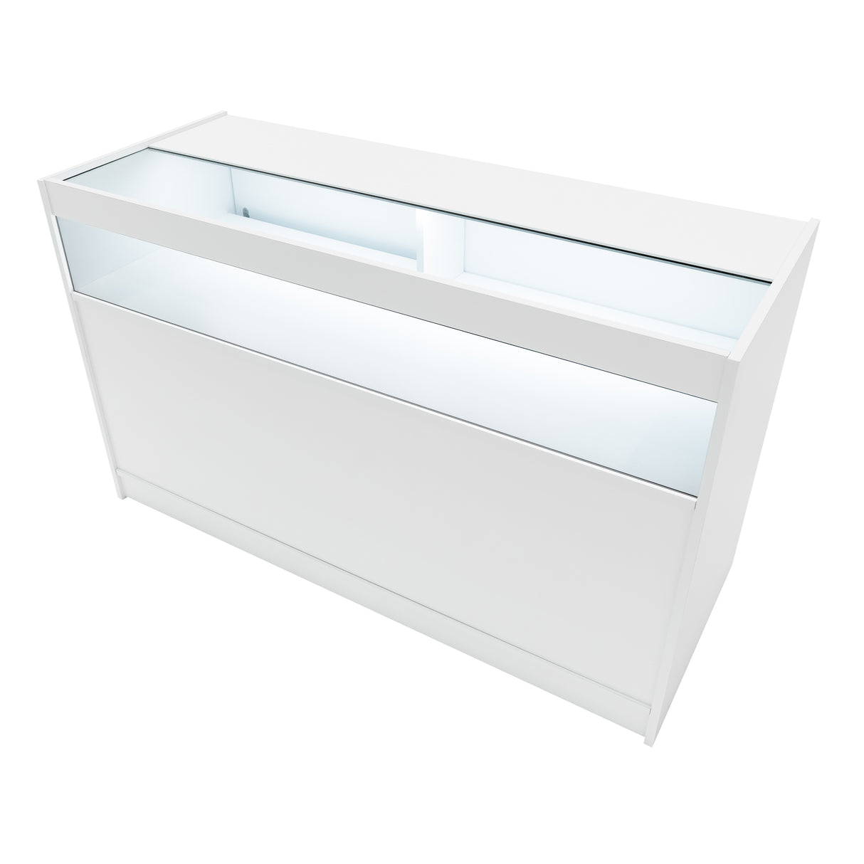 Comptoir de vente à LED blanc, design moderne avec surface lisse, éclairage intégré et espace de rangement pratique pour exposer des produits