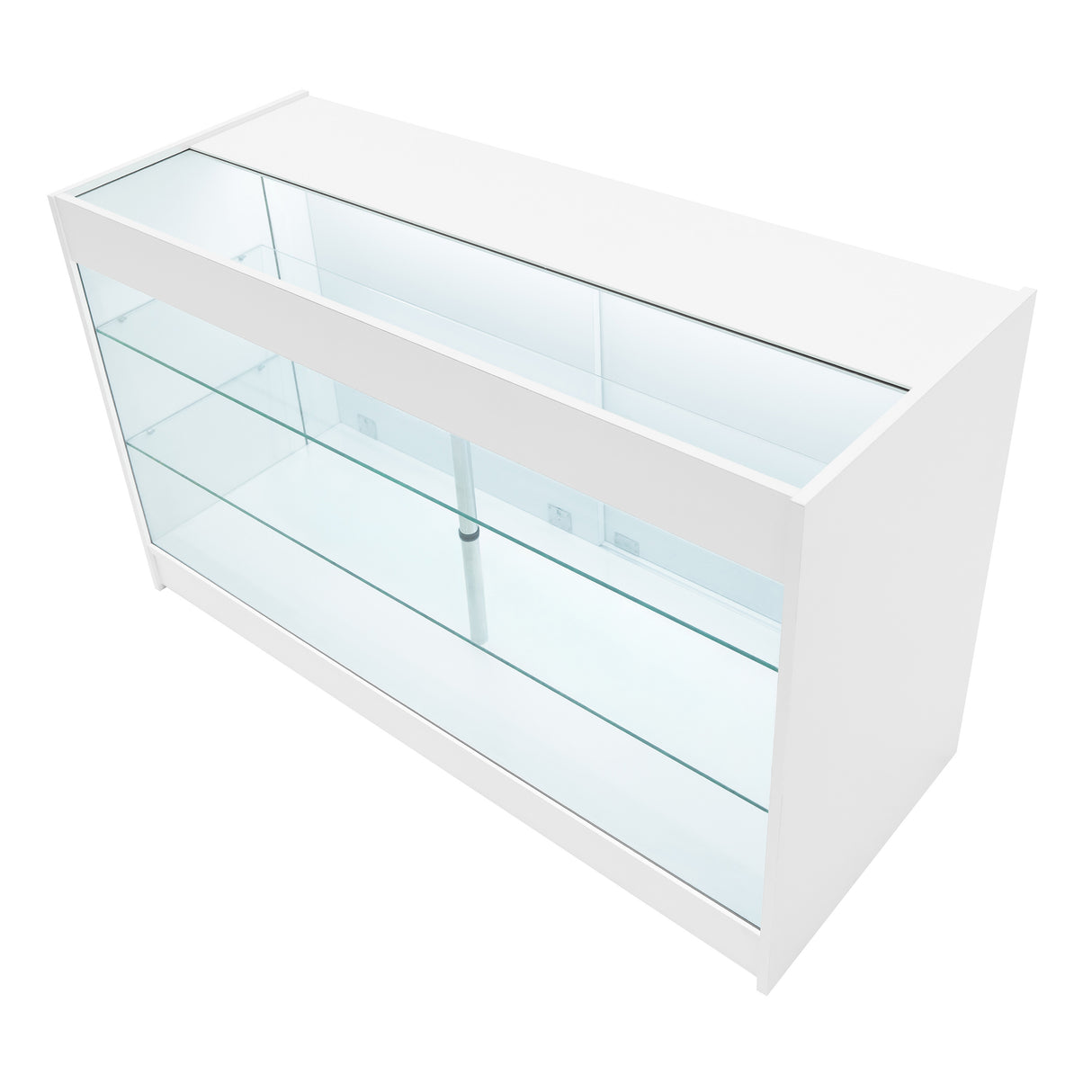 Comptoir de vente à LED blanc avec étagères en verre transparent, design moderne et épuré, idéal pour exposer des produits