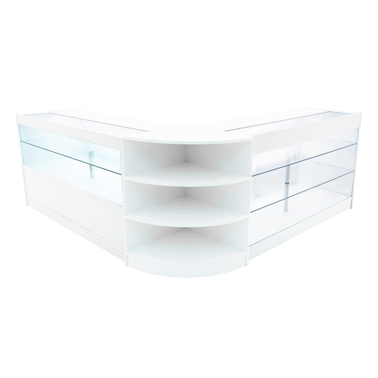 Comptoir de vente à LED blanc, design moderne avec surfaces lisses, étagères en verre transparent et éclairage intégré, idéal pour boutiques