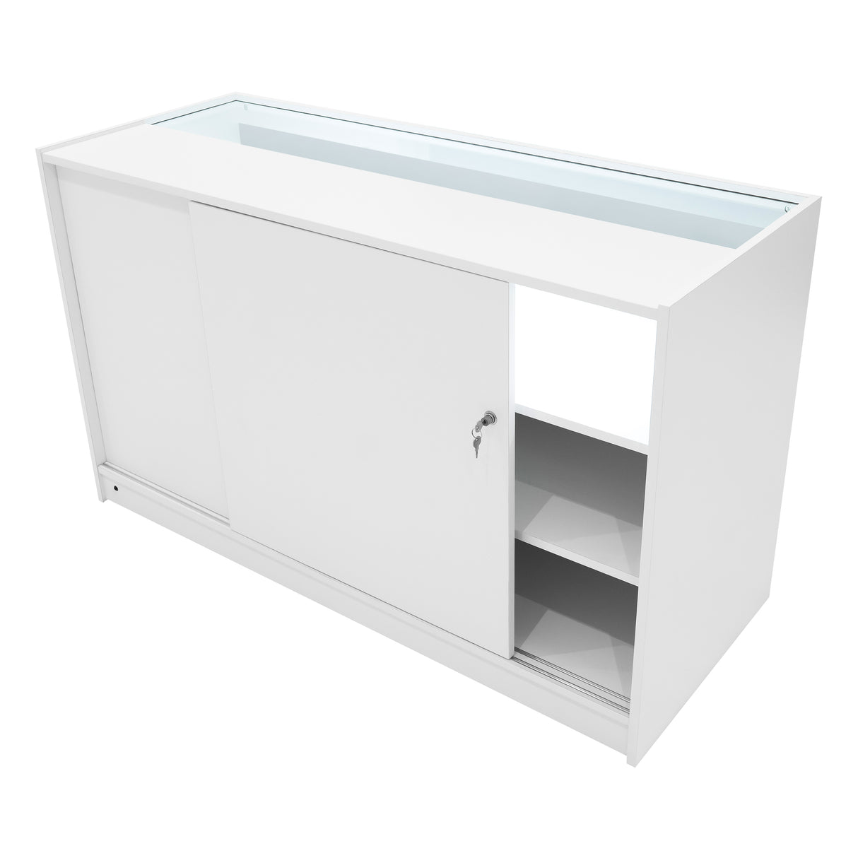 Comptoir de vente à LED Calliope en blanc, avec portes coulissantes, espace de rangement et finition lisse et moderne