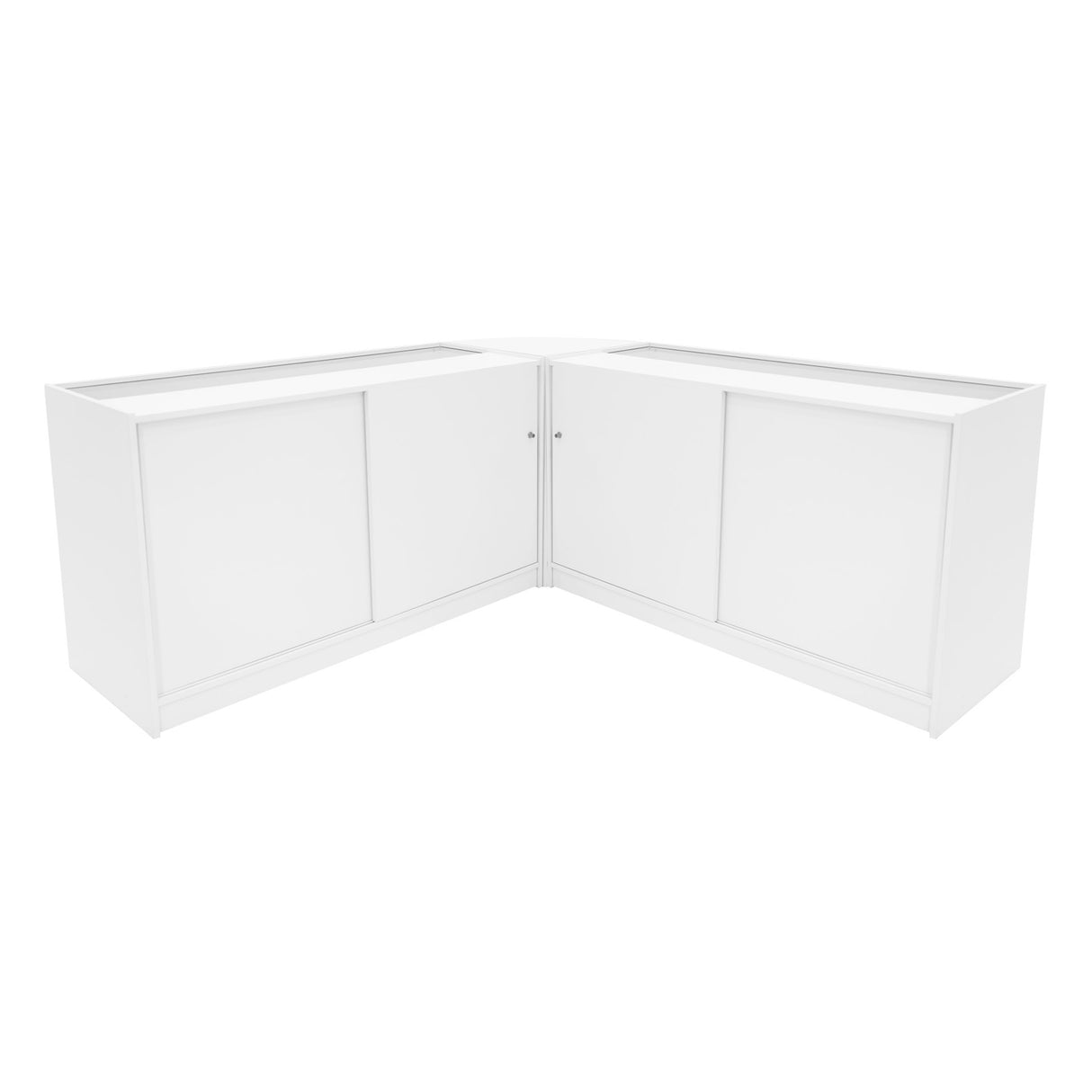 Comptoirs de vente à LED Calliope en blanc, design moderne avec surfaces lisses et portes coulissantes pour un accès facile