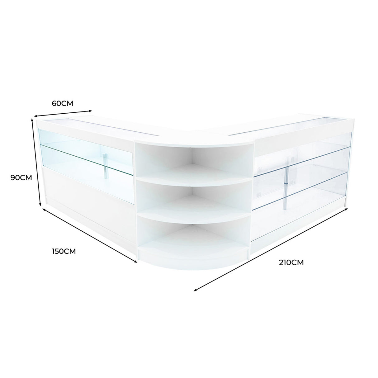 Comptoir de vente à LED blanc en forme de L, avec étagères en verre, dimensions 210 cm x 150 cm x 90 cm, design moderne et épuré