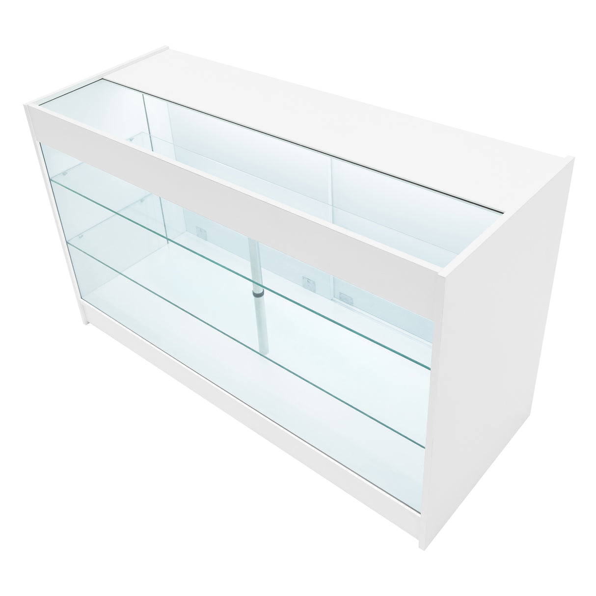 Comptoir de vente à LED Calliope en blanc, avec des étagères en verre transparent et un design moderne et épuré