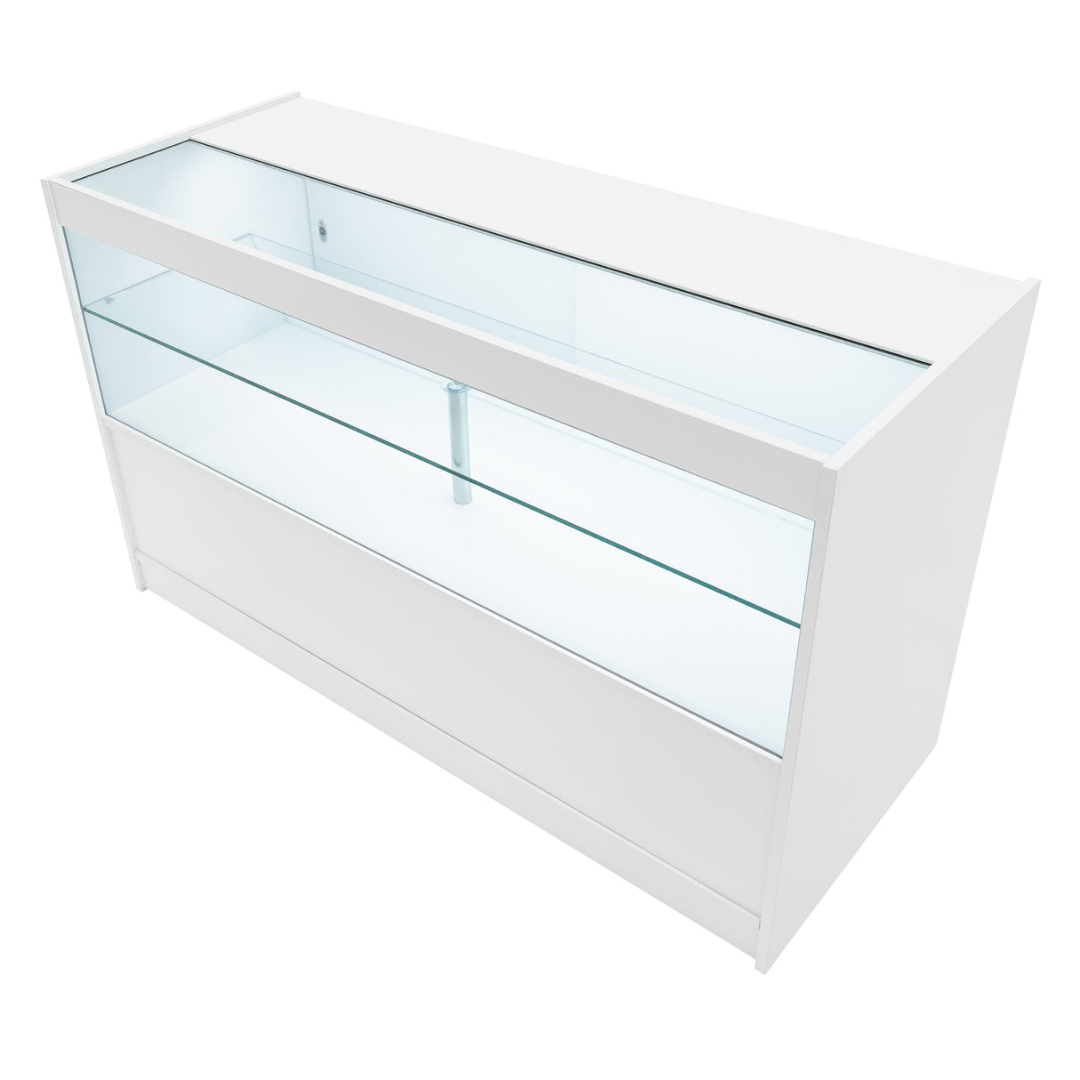Comptoir de vente à LED blanc avec vitres en verre transparent, design moderne, surface lisse et élégante, éclairage intégré