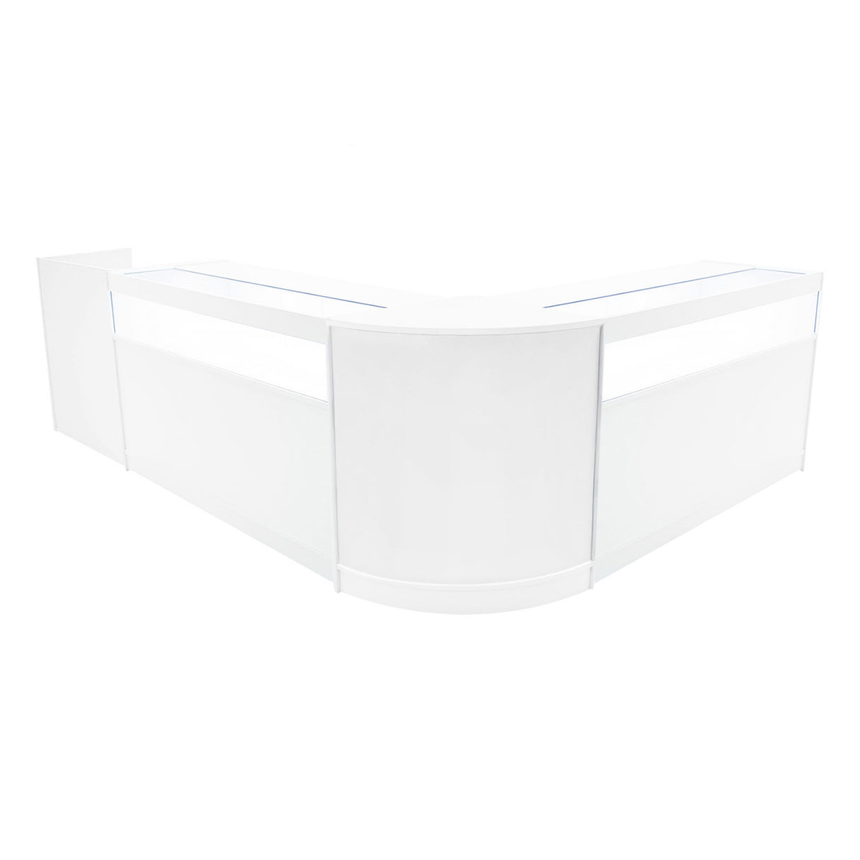 Comptoir de vente à LED en blanc, design moderne et épuré, forme en L avec surfaces lisses et éclairage intégré, idéal pour les événements