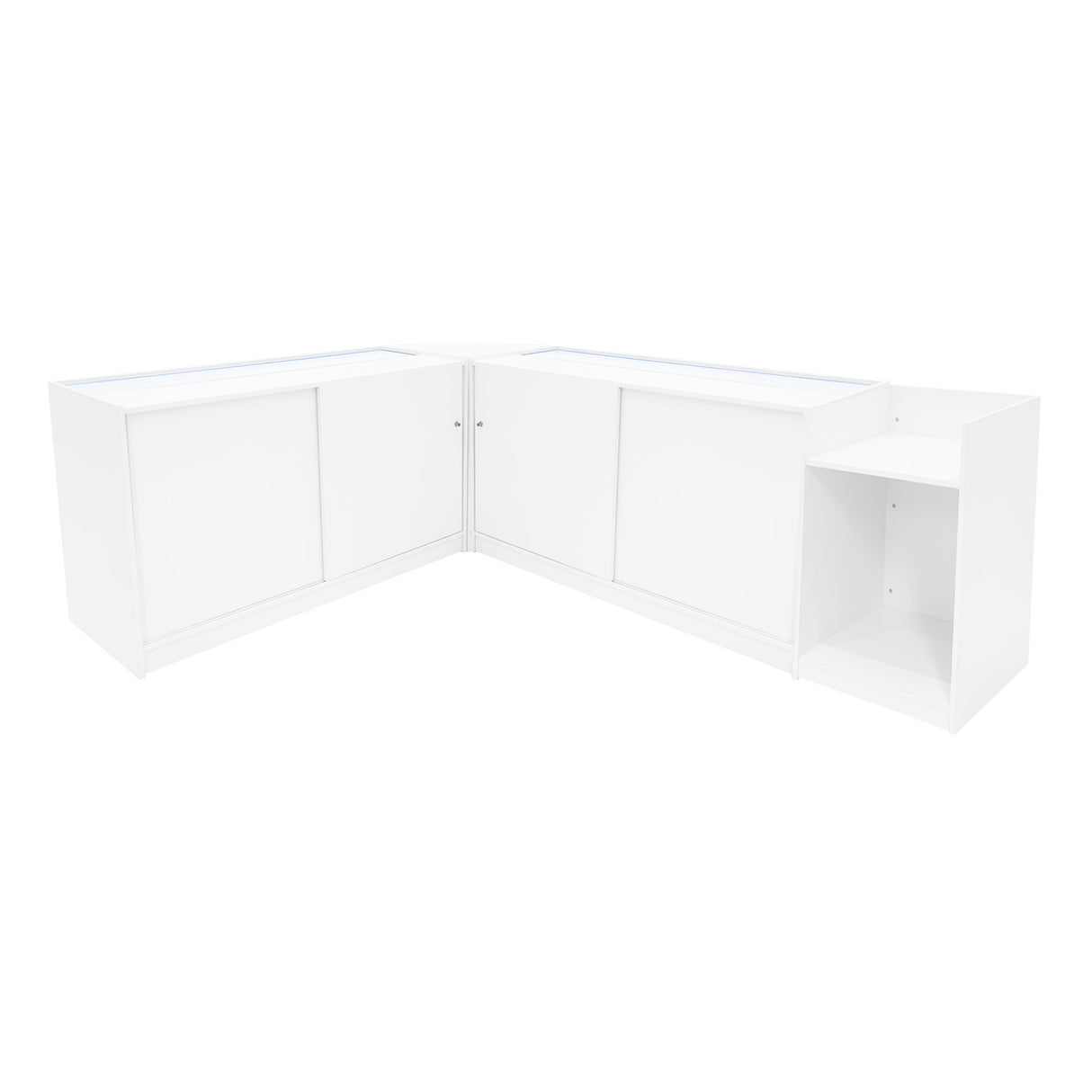 Comptoirs de vente à LED en blanc, finition lisse, avec deux vitrines et un espace de rangement, design moderne et épuré
