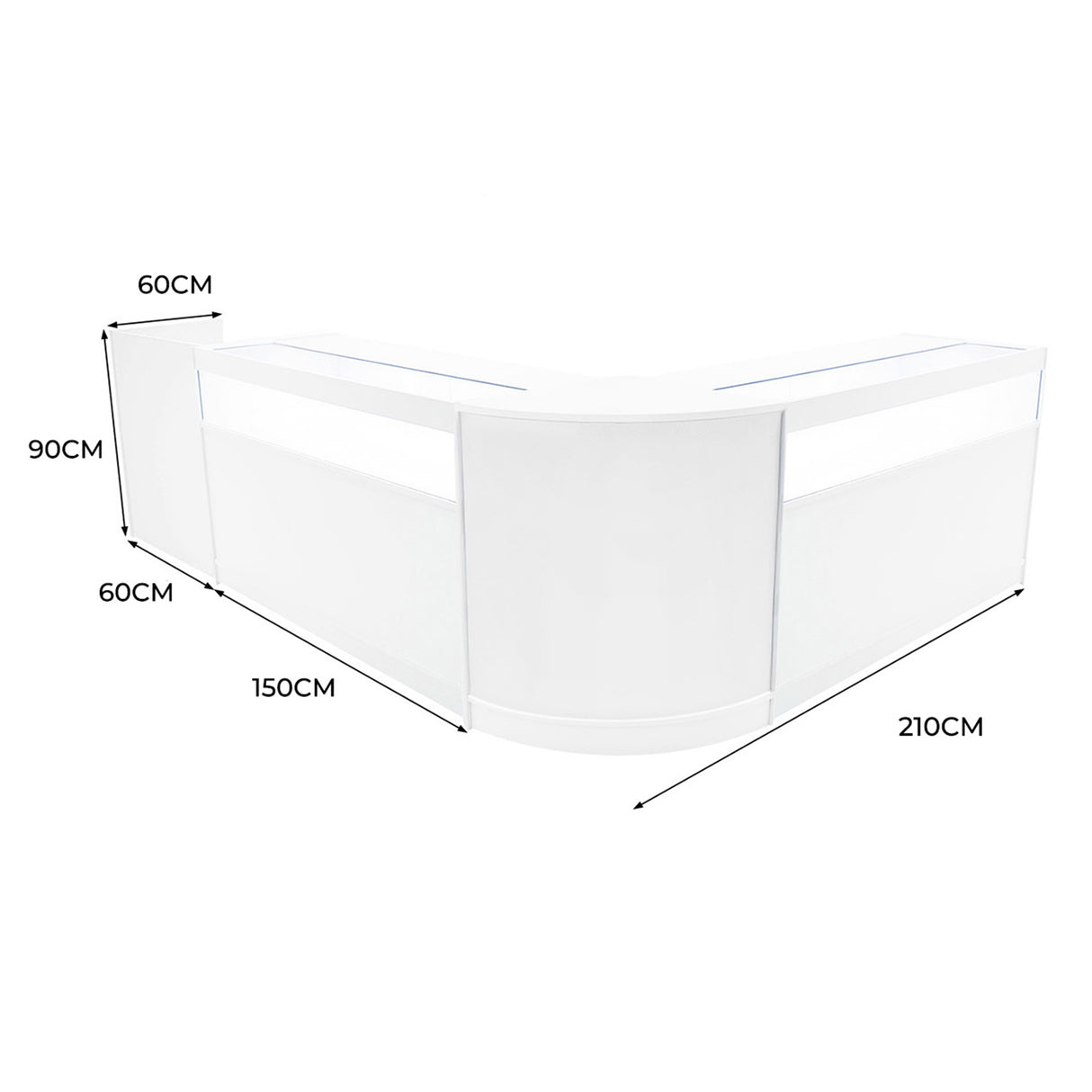 Comptoir de vente à LED en blanc, design moderne en forme de L, dimensions 210 cm x 90 cm, surface lisse et lumineuse