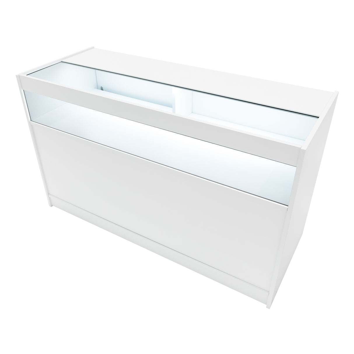 Comptoir de vente à LED blanc, design moderne, surface lisse, éclairage intégré, parfait pour exposer des produits en magasin