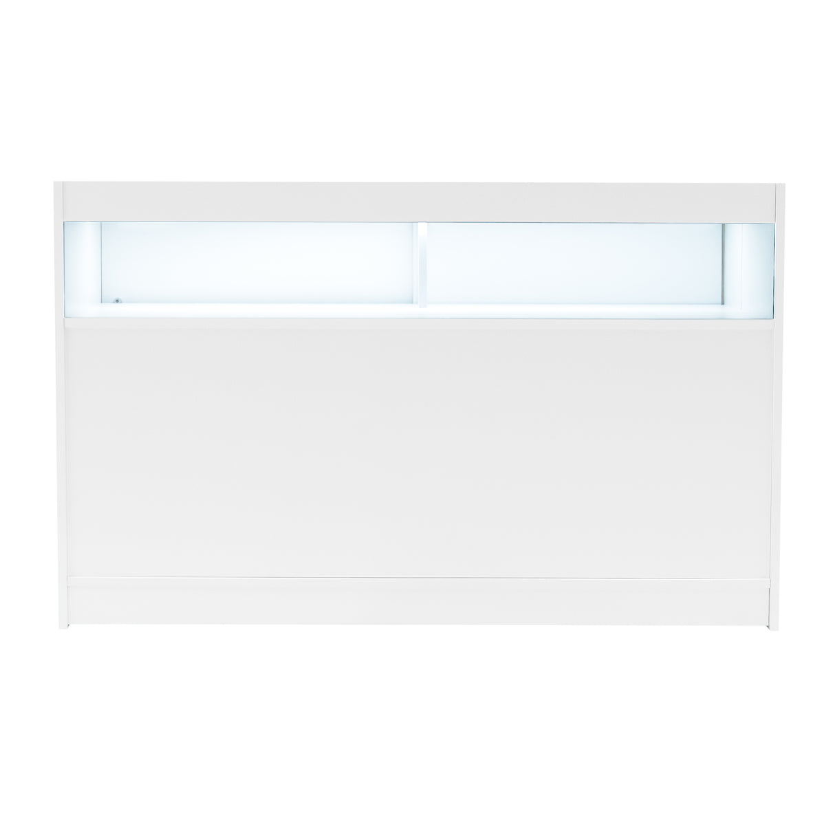 Comptoir de vente à LED blanc, design épuré avec éclairage intégré, surface lisse et moderne, idéal pour les espaces commerciaux
