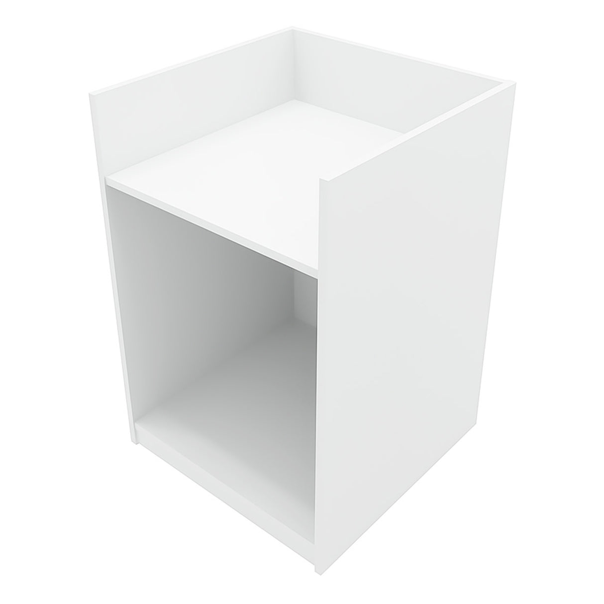Comptoir de vente à LED blanc, design moderne, surface lisse, compartiment ouvert, idéal pour les présentations et l'affichage