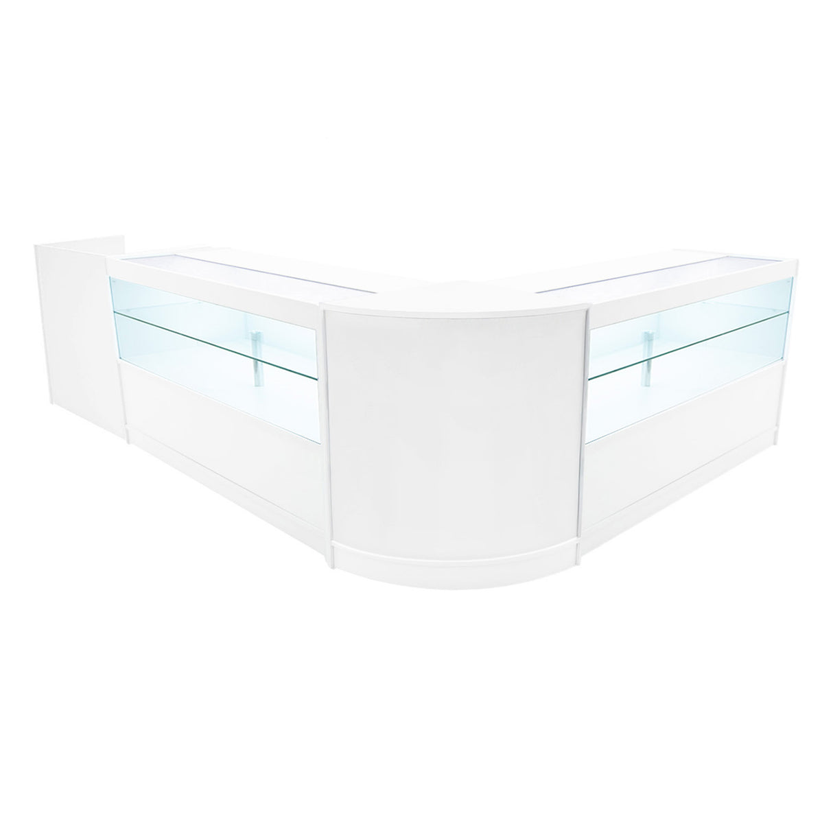 Comptoir de vente à LED blanc en forme de L, avec vitrines en verre transparent et éclairage intégré, design moderne et épuré