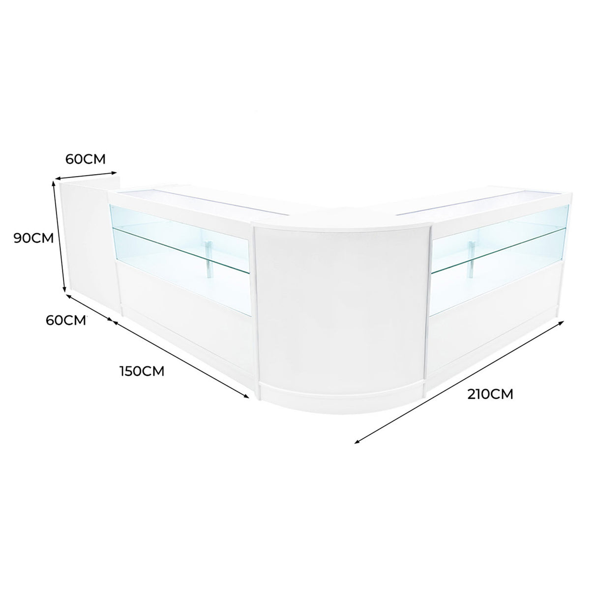 Comptoir de vente à LED blanc en forme de L, avec vitrines en verre, dimensions 210 cm x 150 cm x 90 cm, design moderne et épuré