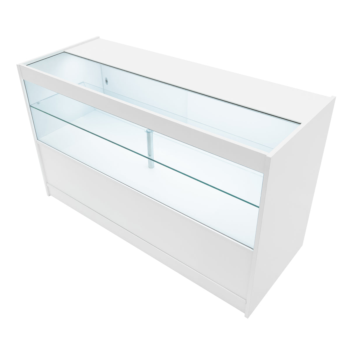 Comptoir de vente à LED blanc, design moderne avec surfaces en verre transparent et éclairage intégré, idéal pour exposer des produits