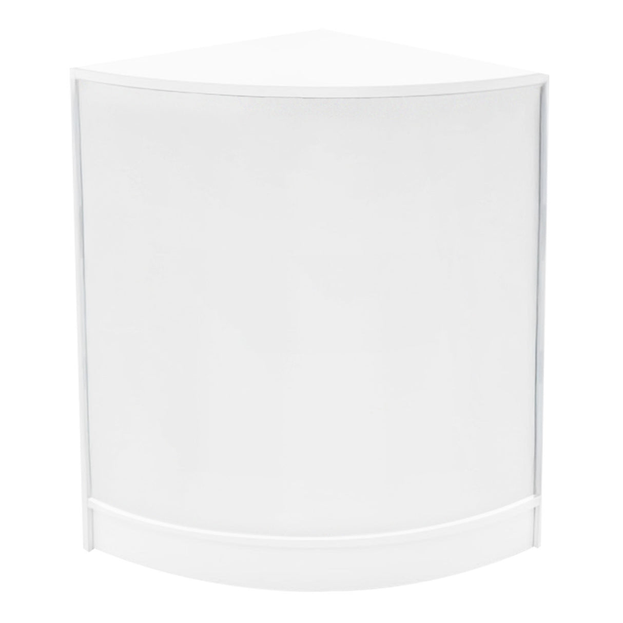 Comptoir de vente à LED blanc en forme de coin, surface lisse et brillante, conçu pour un agencement moderne et fonctionnel