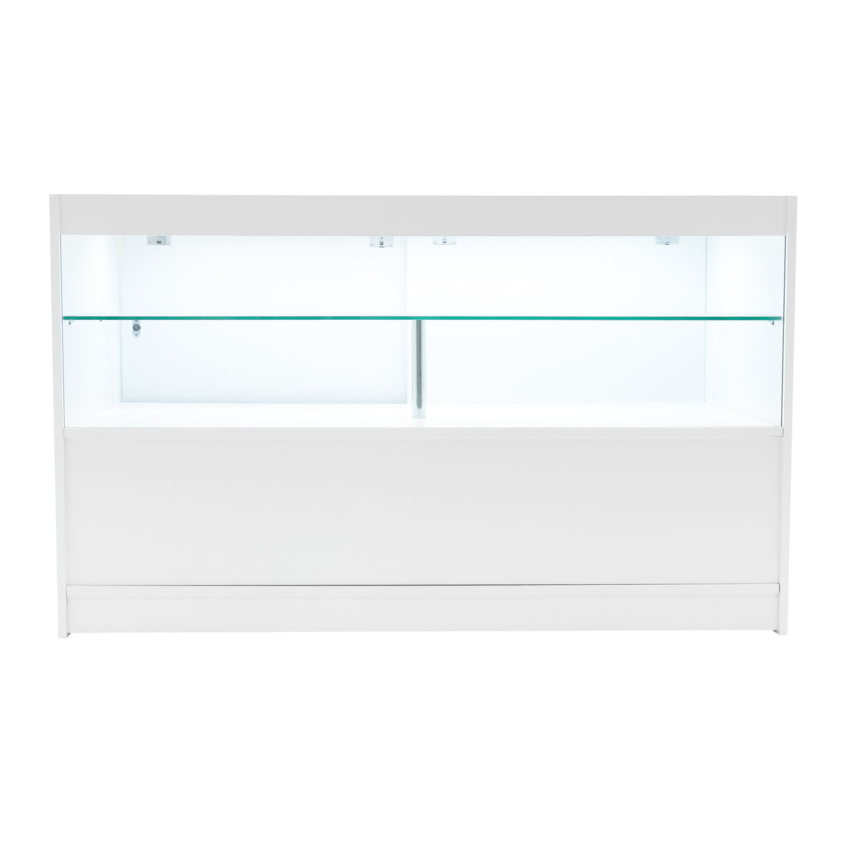 Comptoir de vente à LED blanc avec éclairage intégré, surface lisse, étagères en verre transparent et design moderne élégant