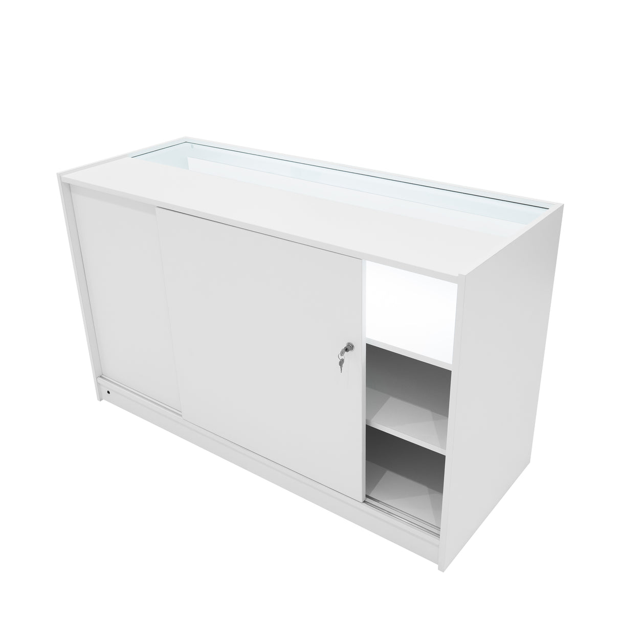 Comptoir de vente à LED blanc avec portes coulissantes, éclairage intérieur, et étagères ouvertes pour une présentation élégante des produits