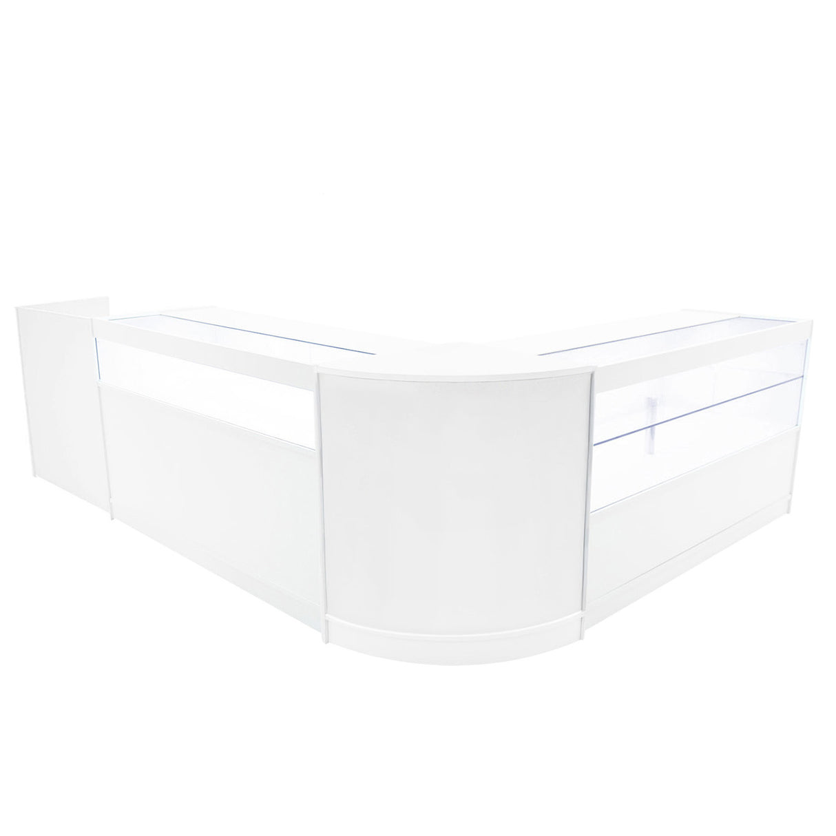 Comptoir de vente à LED blanc en forme de L, avec surfaces lisses et vitrées, idéal pour exposer des produits en magasin