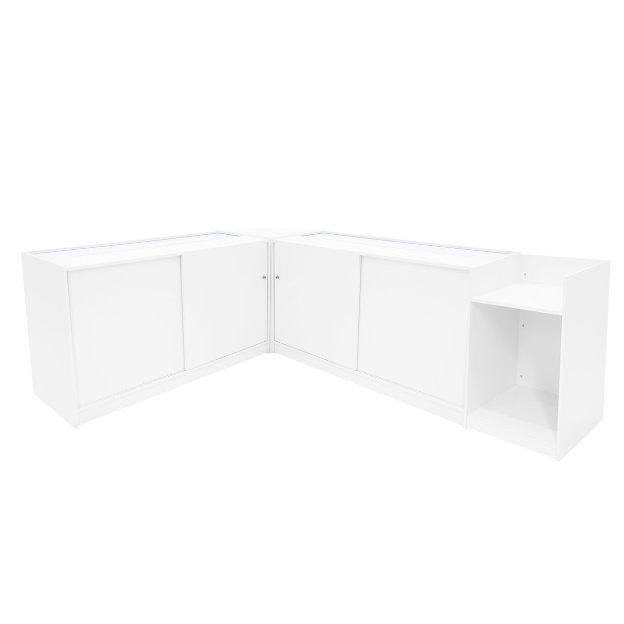 Comptoirs de vente à LED en blanc, design moderne avec surfaces lisses, angles arrondis et espaces de rangement intégrés
