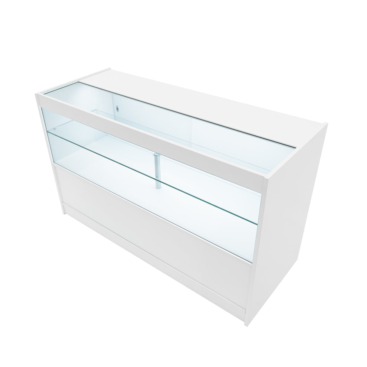 Comptoir de vente à LED blanc, design moderne, surface lisse, vitrines en verre transparent, éclairage intégré pour mettre en valeur les produits