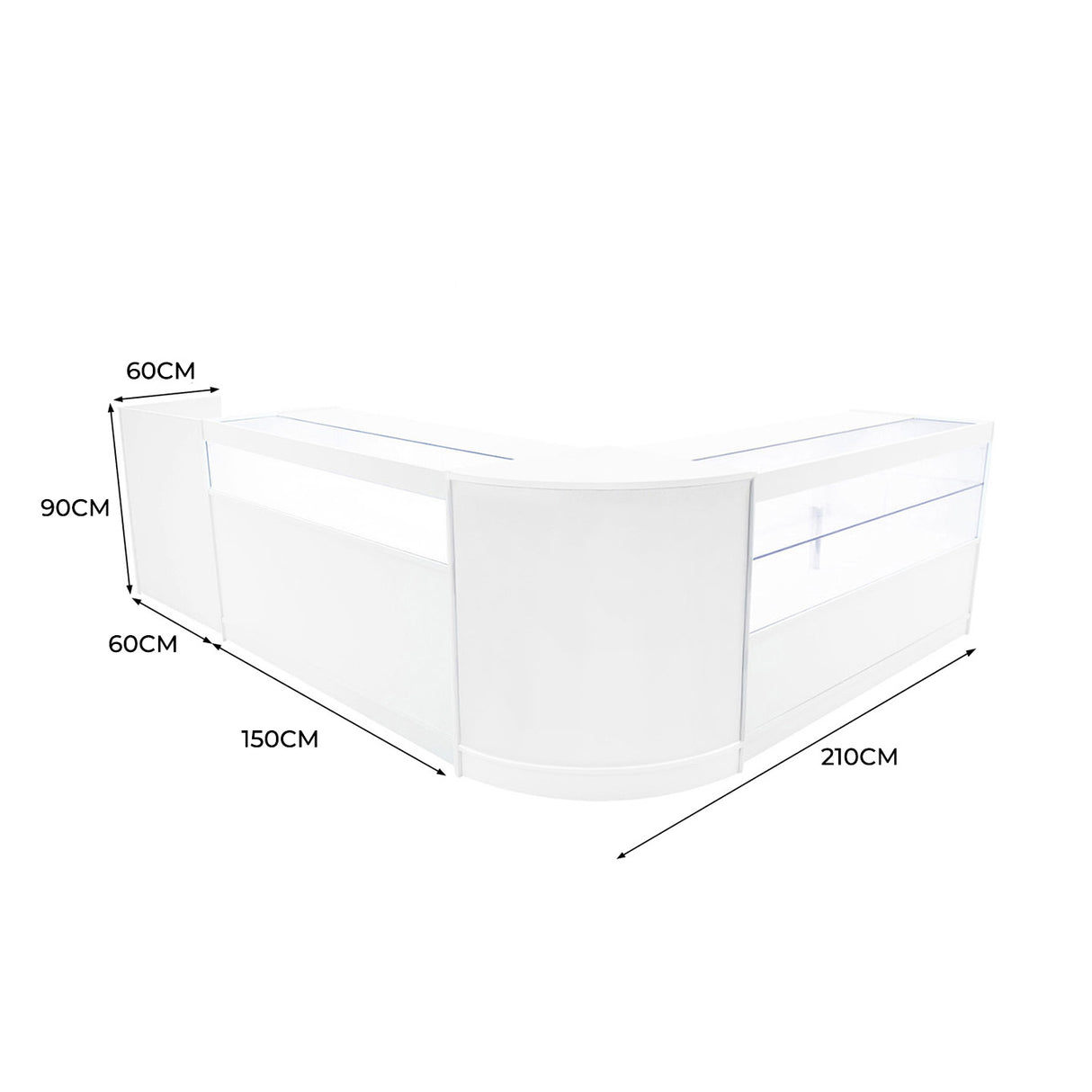 Comptoir de vente à LED blanc en forme de L, dimensions 210 cm x 150 cm, avec surfaces lisses et éclairage intégré pour une présentation élégante