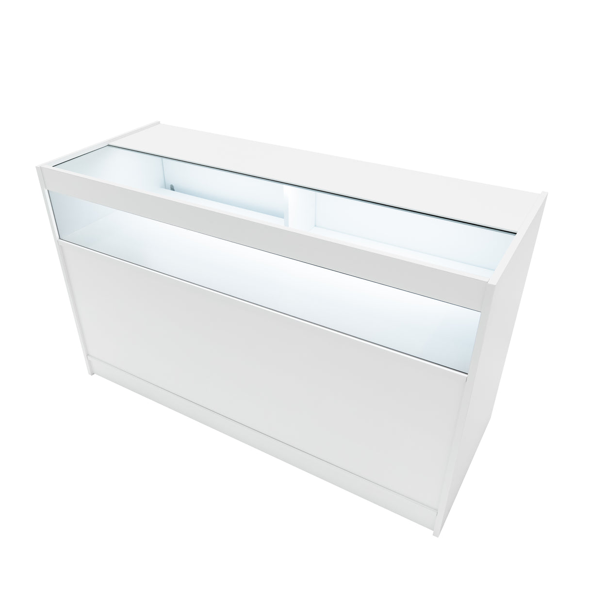 Comptoir de vente à LED blanc avec surface lisse, éclairage intégré et design moderne, idéal pour la présentation de produits