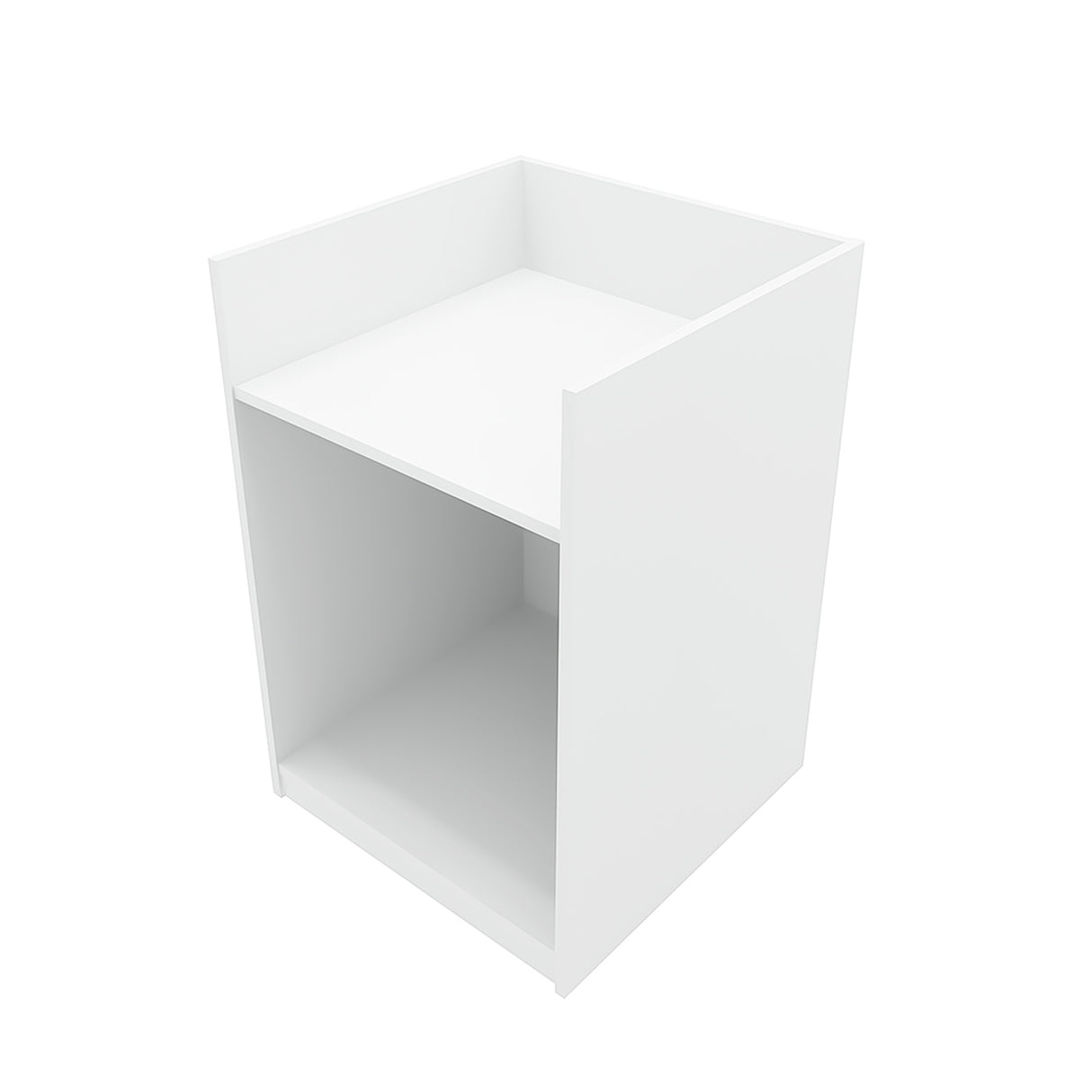 Comptoir de vente à LED blanc, design épuré avec finition lisse, espace de rangement ouvert et structure moderne, idéal pour le commerce