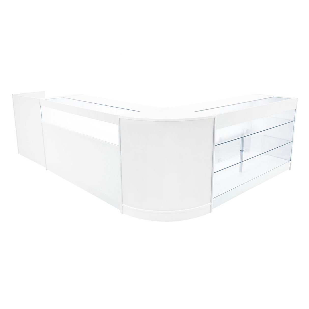 Comptoir de vente à LED blanc, design moderne en forme de L, avec surfaces lisses et étagères en verre transparent pour une présentation élégante