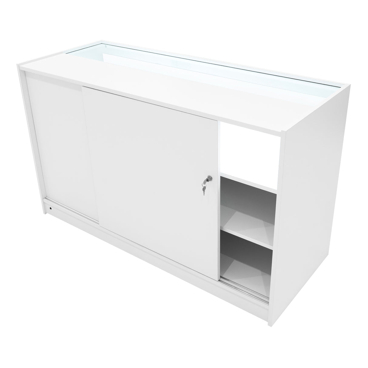 Comptoir de vente à LED Polaris blanc, design moderne avec portes coulissantes, surface lisse et espace de rangement intérieur